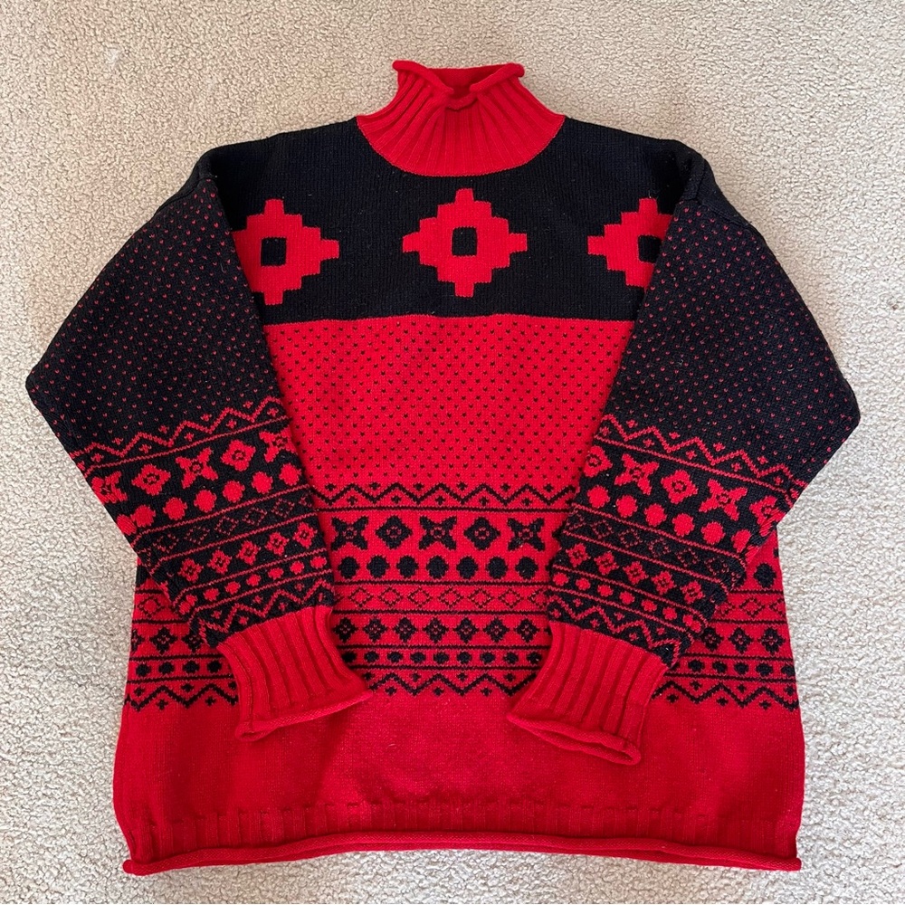 VTG Esprit RED/BLACK Apres Ski Holiday Fair Isle Print Loose Fit Sweater Small
